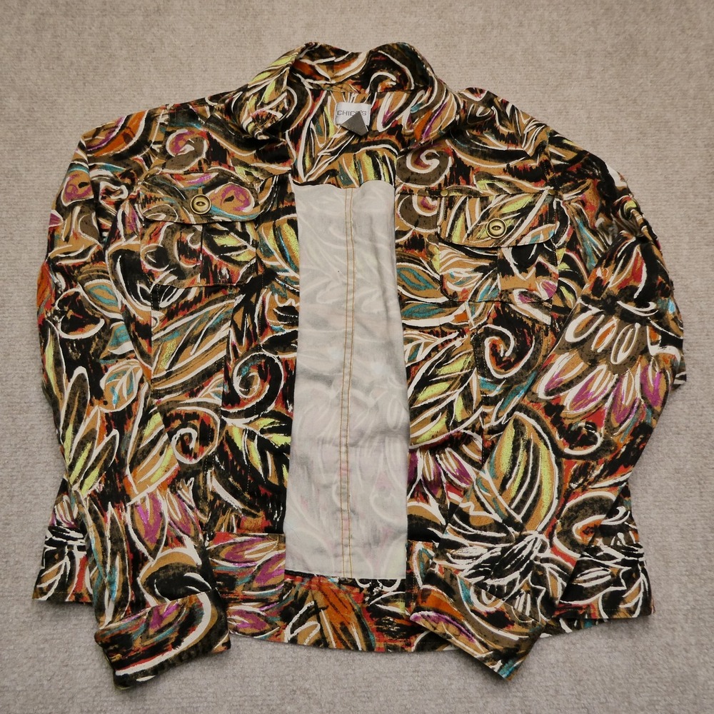Chico's Jacket Womens Size 0 Open‎ Cotton Canvas Floral Print Collared Colorful